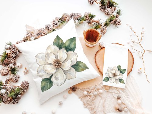 CapableByDesign oyster shell magnolia throw pillows and matching towels