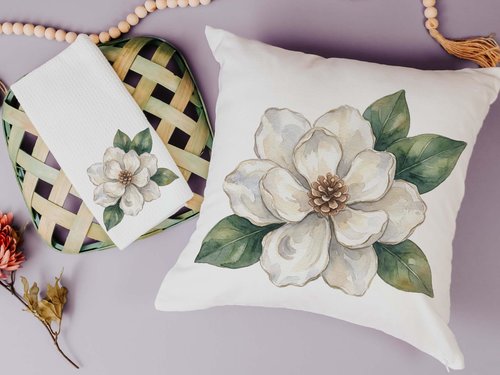 CapableByDesign oyster shell magnolia throw pillows and matching towels