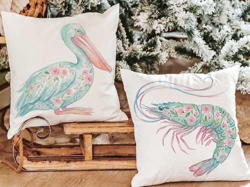 CapableByDesign floral pelican and floral shrimp throw pillows and matching towels