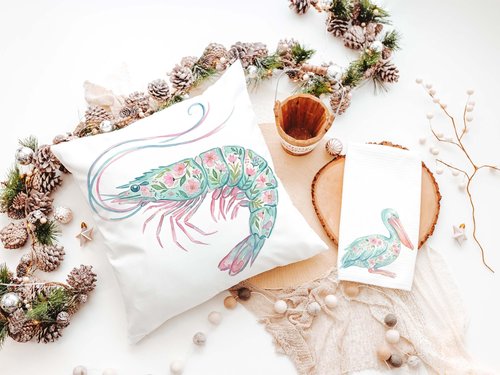 CapableByDesign floral pelican and floral shrimp throw pillows and matching towels