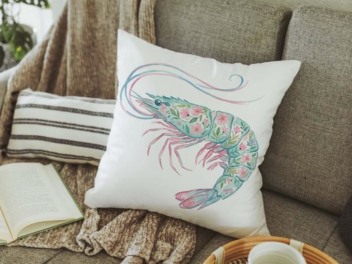 CapableByDesign floral pelican and floral shrimp throw pillows and matching towels