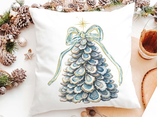 CapableByDesign oyster shell Christmas tree pillows and matching towels