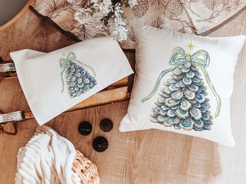 CapableByDesign oyster shell Christmas tree pillows and matching towels