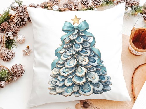 CapableByDesign oyster shell Christmas tree with aqua bow pillows and matching towels