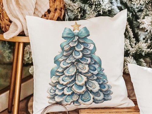CapableByDesign oyster shell Christmas tree with aqua bow pillows and matching towels