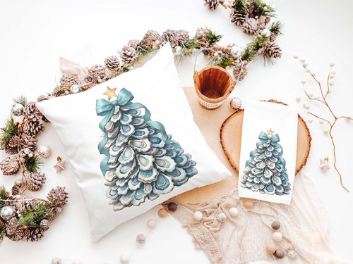 CapableByDesign oyster shell Christmas tree with aqua bow pillows and matching towels