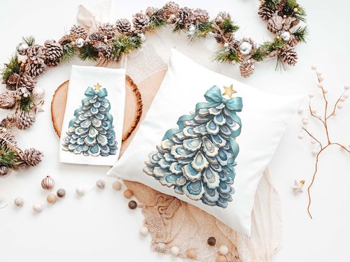 CapableByDesign oyster shell Christmas tree with aqua bow pillows and matching towels