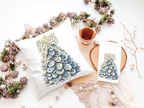 CapableByDesign oyster shell Christmas tree with polka dot bow pillows and matching towels