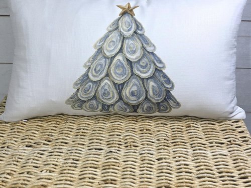 CapableByDesign oyster shell Christmas tree throw pillows and matching towels