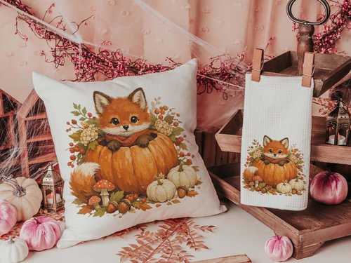 CapableByDesign woodland fox pumpkin pillow and matching towel
