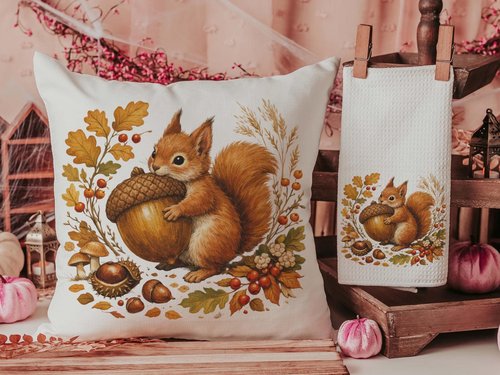 CapableByDesign autumn squirrel throw pillow and matching towel
