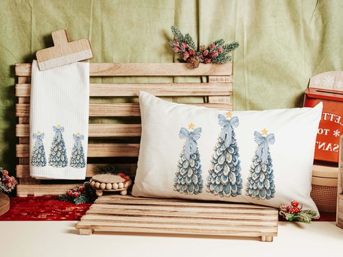 CapableByDesign oyster shell nautical Christmas tree trio throw pillow and matching towels