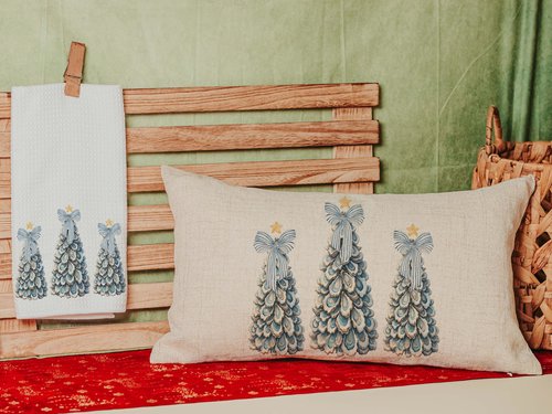CapableByDesign oyster shell nautical Christmas tree trio throw pillow and matching towels