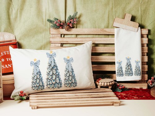 CapableByDesign oyster shell nautical Christmas tree trio throw pillow and matching towels