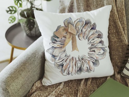 CapableByDesign oyster shell throw pillows and matching towels