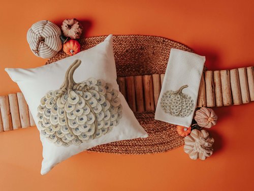 CapableByDesign Oyster shell pumpkin throw pillows and towels