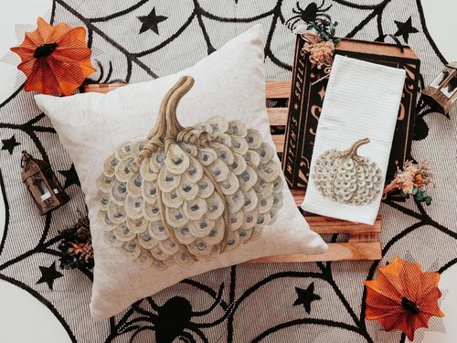 CapableByDesign Oyster shell pumpkin throw pillows and towels
