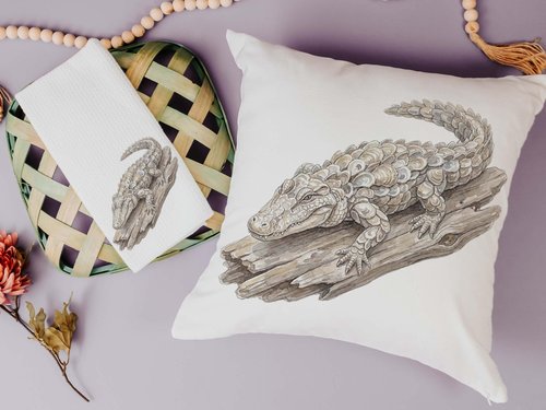 CapableByDesign oyster alligator throw pillows and matching towels
