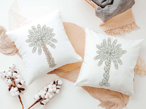CapableByDesign oyster palmetto tree throw pillows and matching towels