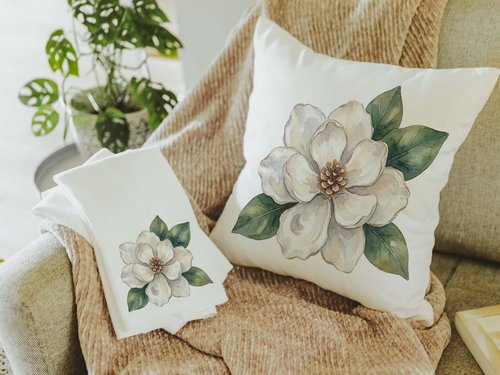 CapableByDesign oyster shell magnolia throw pillows and matching towels