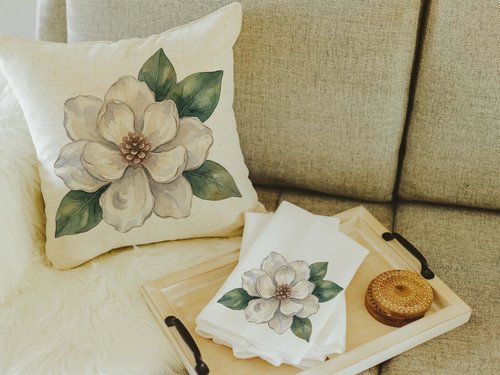 CapableByDesign oyster shell magnolia throw pillows and matching towels