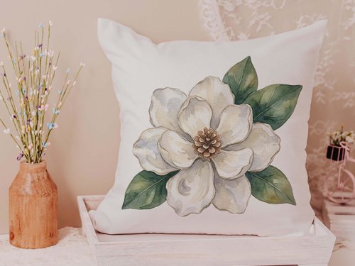 CapableByDesign oyster shell magnolia throw pillows and matching towels