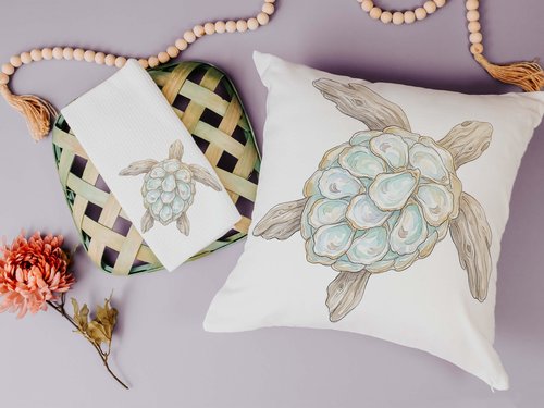 CapableByDesign oyster sea turtle throw pillows and matching towels