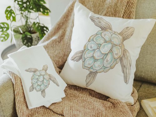 CapableByDesign oyster sea turtle throw pillows and matching towels