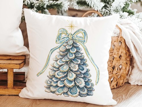 CapableByDesign oyster shell Christmas tree pillows and matching towels