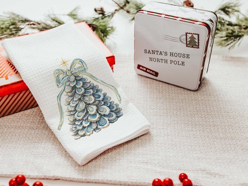 CapableByDesign oyster shell Christmas tree pillows and matching towels