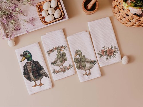 CapableByDesign Bling Mallard, Floral Mallard, Mallard with Bow, and a coordinating floral towels