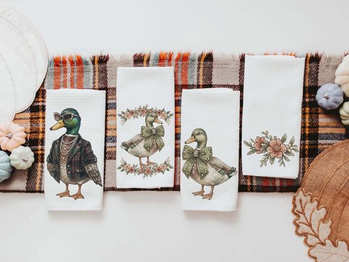 CapableByDesign Bling Mallard, Floral Mallard, Mallard with Bow, and a coordinating floral towels
