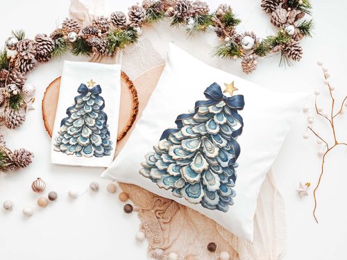 CapableByDesign oyster shell Christmas tree with navy bow pillows and matching towels
