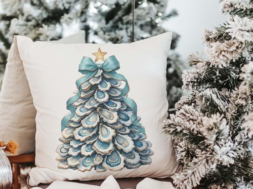 CapableByDesign oyster shell Christmas tree with aqua bow pillows and matching towels