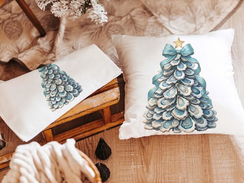 CapableByDesign oyster shell Christmas tree with aqua bow pillows and matching towels