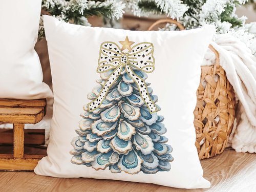CapableByDesign oyster shell Christmas tree with polka dot bow pillows and matching towels