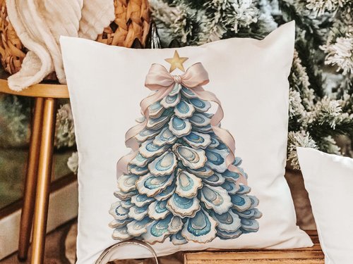 CapableByDesign oyster shell Christmas tree with pink bow pillows and matching towels