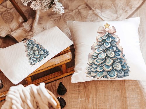 CapableByDesign oyster shell Christmas tree with pink bow pillows and matching towels