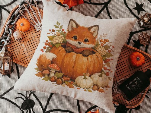 CapableByDesign woodland fox pumpkin pillow and matching towel