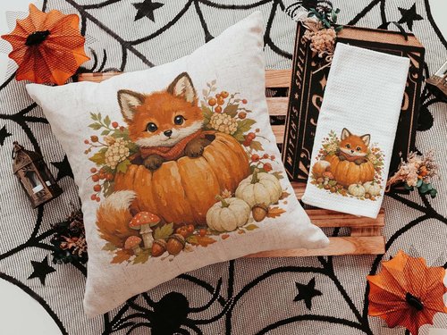 CapableByDesign woodland fox pumpkin pillow and matching towel