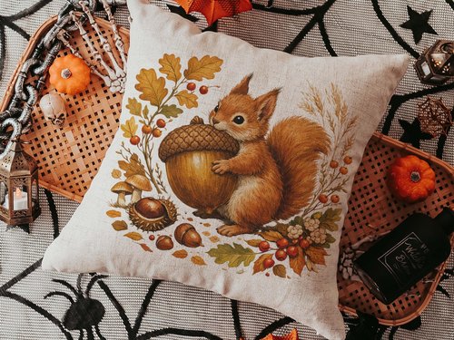 CapableByDesign autumn squirrel throw pillow and matching towel