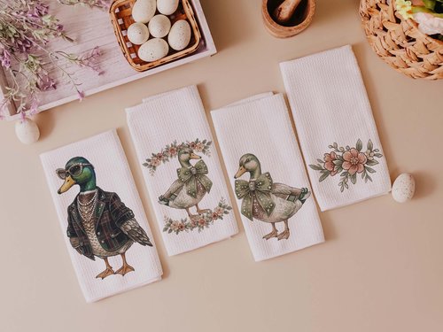 CapableByDesign Bling Mallard, Floral Mallard, Mallard with Bow, and a coordinating floral towels