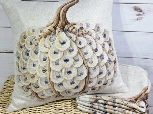 CapableByDesign Oyster shell pumpkin throw pillows and towels