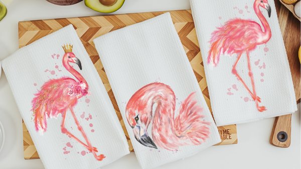 watercolor flamingo kitchen towels for bridal shower, beach lover gifts for her, pink flamingo hand towels, coastal decor beach house gifts