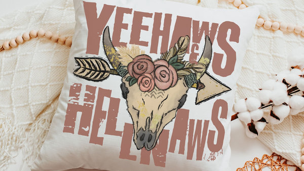 yeehaws and hellnaws boho throw pillows for couch, college dorm decor for girls, southwestern decor for home, floral skull dorm pillows for