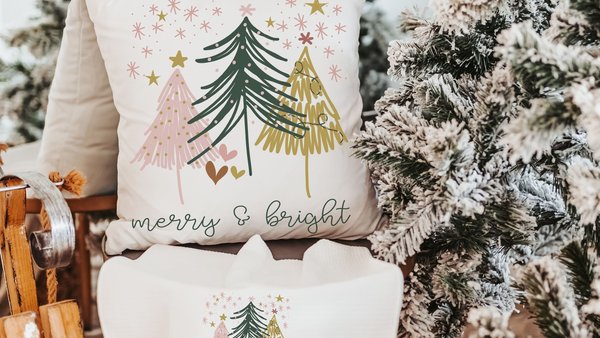 merry and bright Christmas throw pillow for couch, boho Christmas decor, Christmas gift set for women, pink Christmas kitchen towel, secret