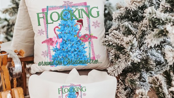 flocking around the Christmas tree flamingo pillow, beach Christmas gifts for best friend, secret Santa gifts for women, Christmas hostess