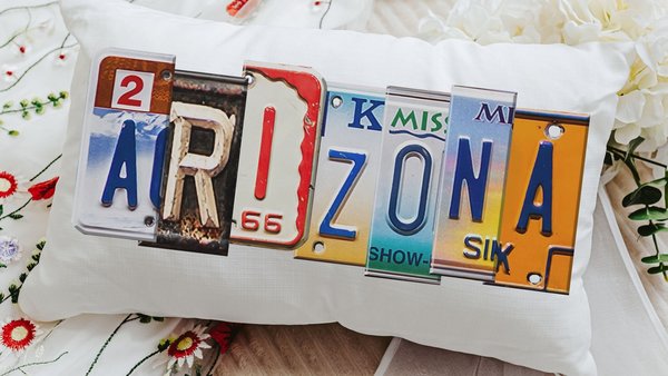 custom license plate state throw pillows for couch, realtor closing gift for buyers, Arizona gifts, bungalow decor, moving away gift for