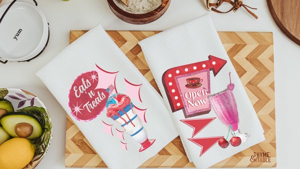 1950s inspired retro kitchen towels for mom, 50s diner decor, cute dish towels for drying dishes, sock hop decor, trendy Christmas gifts