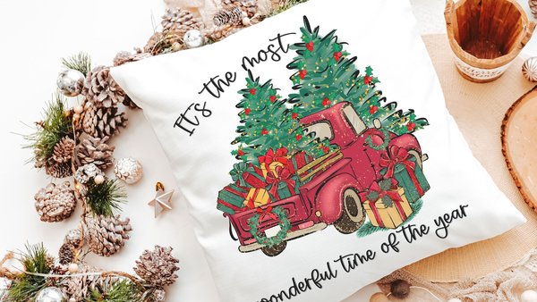 its the most wonderful time of the year Christmas throw pillow for sofa, red truck Christmas decor for home, whimsical Christmas gifts for